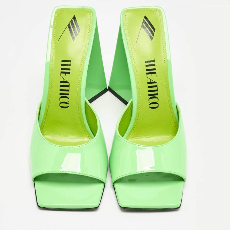 Pre Owned The Attico Neon Green Patent Leather Devon Slide Sandals Size 40
