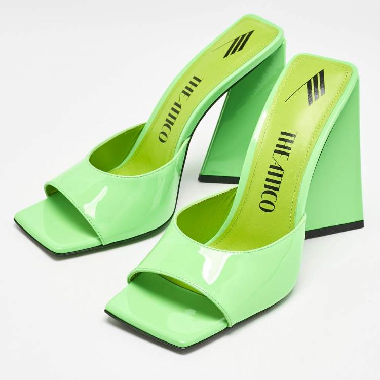 Pre Owned The Attico Neon Green Patent Leather Devon Slide Sandals Size 40