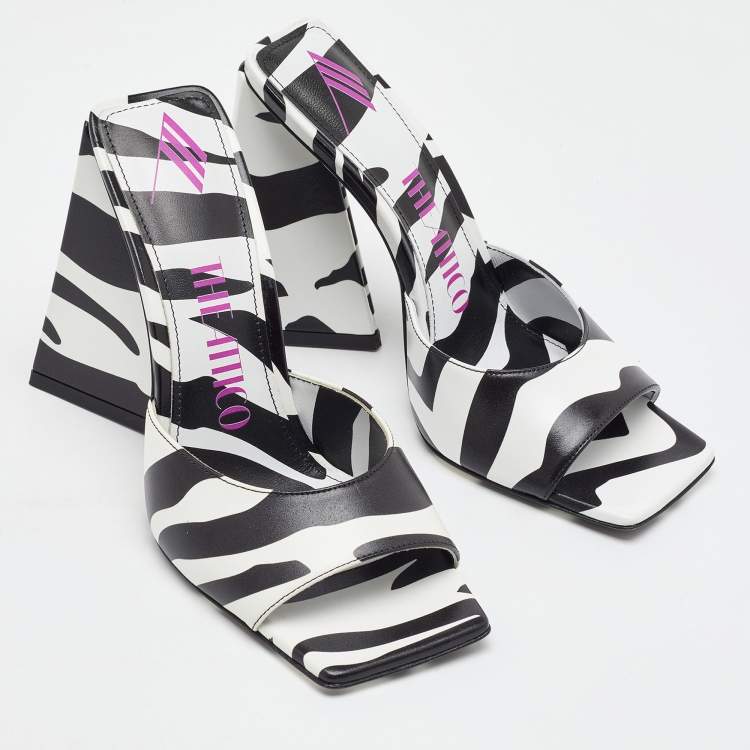 Pre Owned The Attico Black/White Zebra Print Leather Devon Open Toe Sandals Size 36