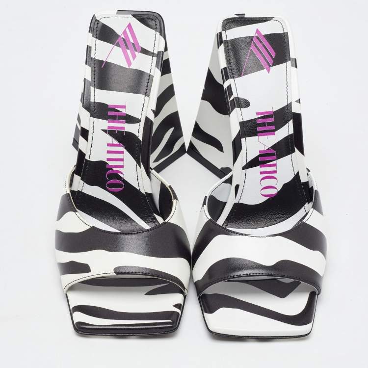 Pre Owned The Attico Black/White Zebra Print Leather Devon Open Toe Sandals Size 36