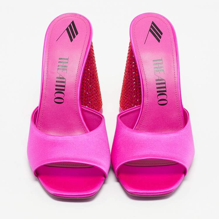 Pre Owned The Attico Fuchsia Satin Crystal Embellished Luz Mules Size 41