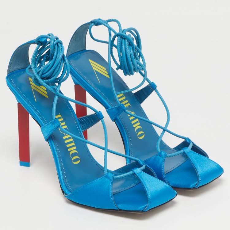 Pre Owned The Attico Blue Satin Adele Lace Up Sandals Size 36