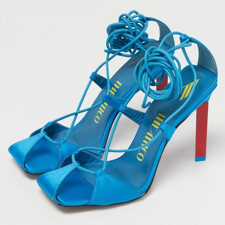 Pre Owned The Attico Blue Satin Adele Lace Up Sandals Size 36