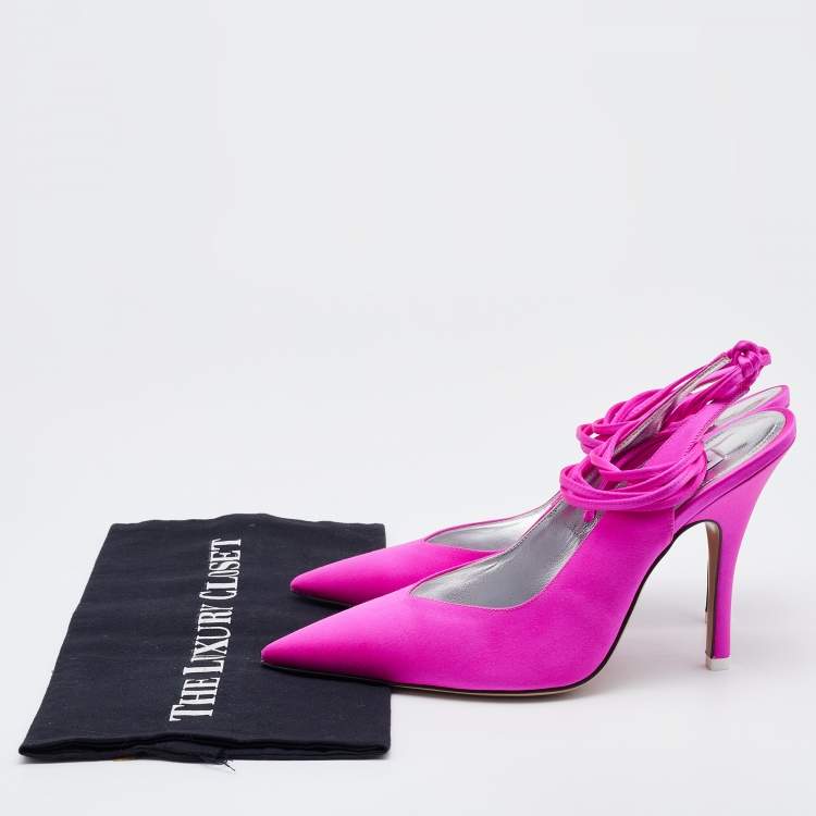 Pre Owned The Attico Neon Pink Satin Venus Ankle Wrap Pointed Toe Pumps Size 39