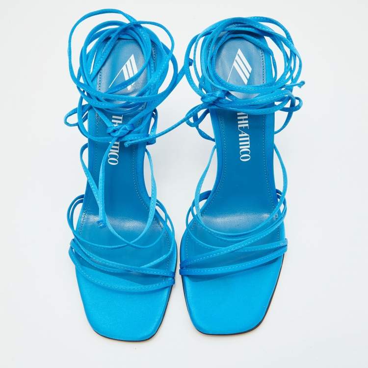 Pre Owned The Attico Blue Satin Ankle Strap Lace Up Sandals Size 40
