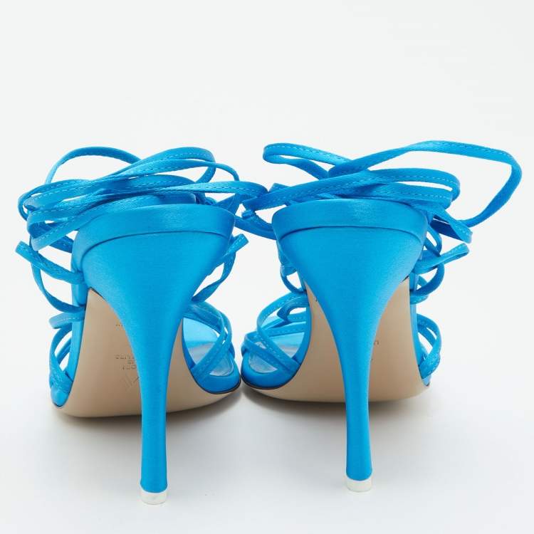 Pre Owned The Attico Blue Satin Ankle Strap Lace Up Sandals Size 40