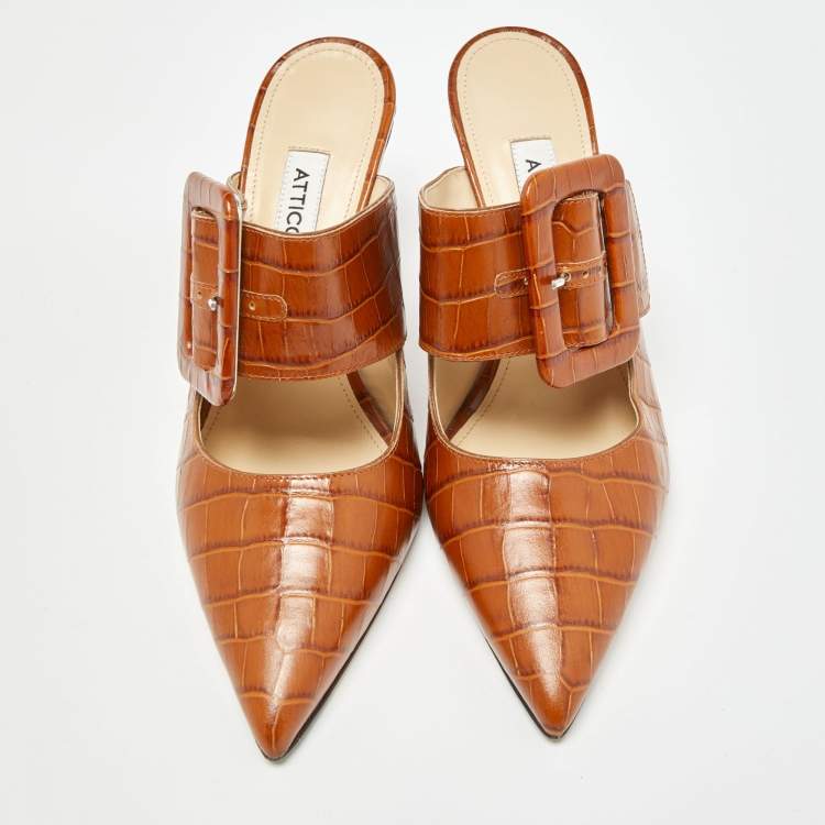 مملوكة مسبقًا The Attico Brown Croc Embossed Leather Chloe Mules Size 40