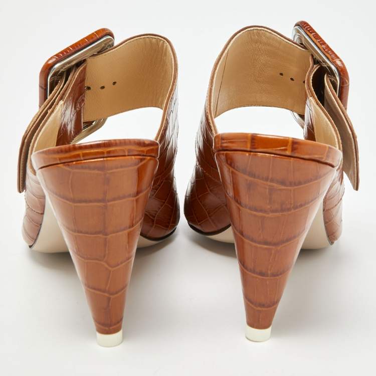 مملوكة مسبقًا The Attico Brown Croc Embossed Leather Chloe Mules Size 40
