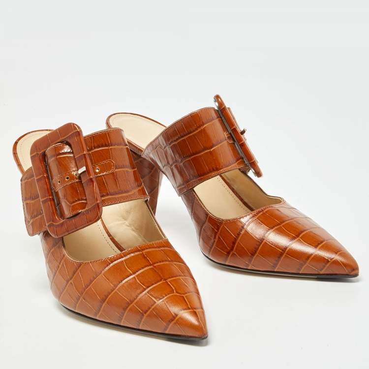 مملوكة مسبقًا The Attico Brown Croc Embossed Leather Chloe Mules Size 40