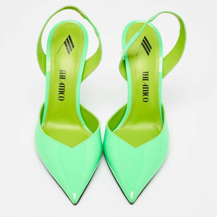 Pre Owned The Attico Neon Green Patent Leather Slingback Pumps Size 39