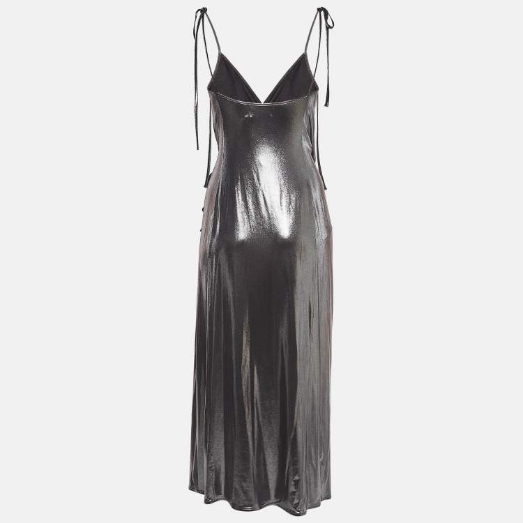 Pre Owned The Attico Metallic Silver Lamé Fan Detail Long Dress XS