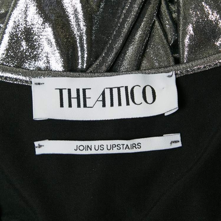 Pre Owned The Attico Metallic Silver Lamé Fan Detail Long Dress XS