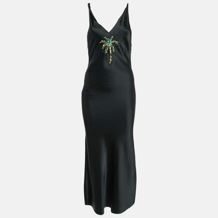 Pre Owned The Attico Black Palm Tree Embroidery Silk Raw Edges Maxi Dress S
