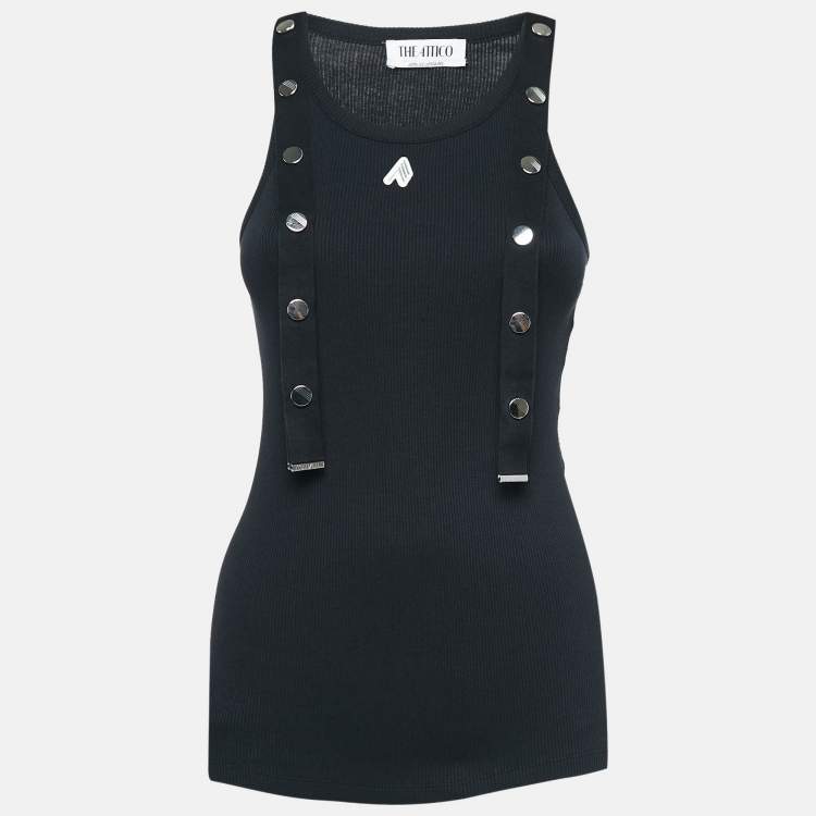 Pre Owned The Attico Black Snap Button Strap Detail Rib Knit Tank Top S