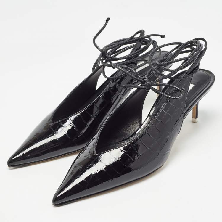 Pre Owned The Attico Black Croc Embossed Patent Leather Venus Slingback Pumps Size 39.5