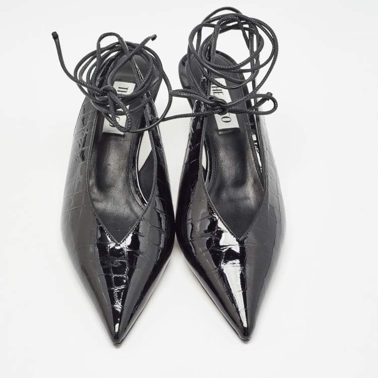 Pre Owned The Attico Black Croc Embossed Patent Leather Venus Slingback Pumps Size 39.5