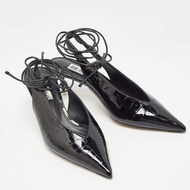 Pre Owned The Attico Black Croc Embossed Patent Leather Venus Slingback Pumps Size 39.5