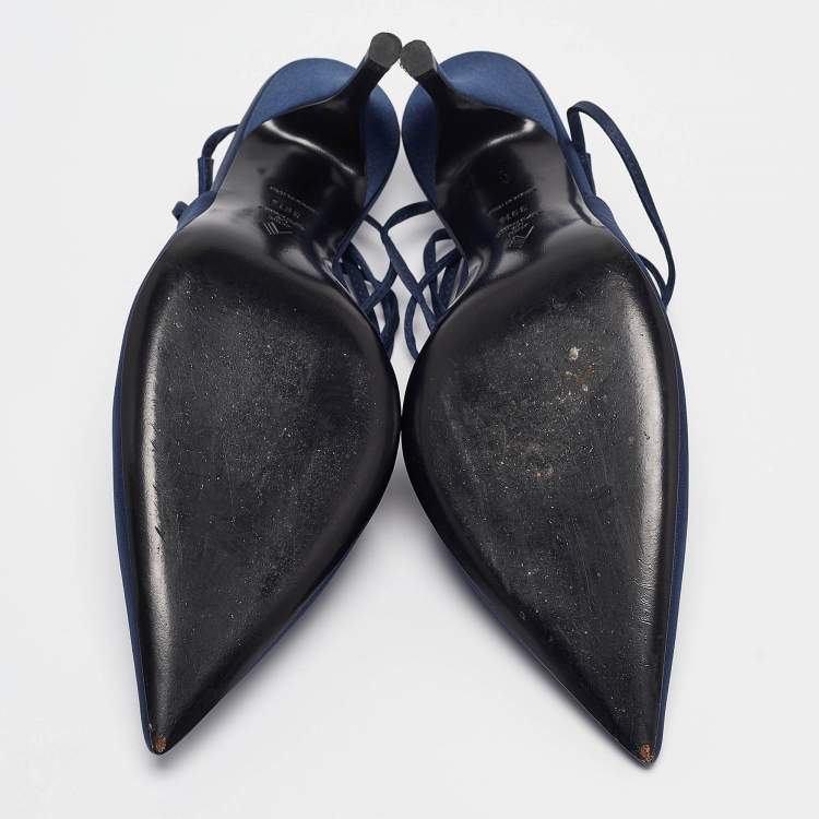 Pre Owned The Attico Navy Blue Satin Venus Ankle Tie Pumps Size 39.5