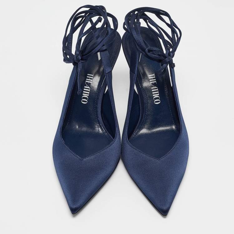 Pre Owned The Attico Navy Blue Satin Venus Ankle Tie Pumps Size 39.5