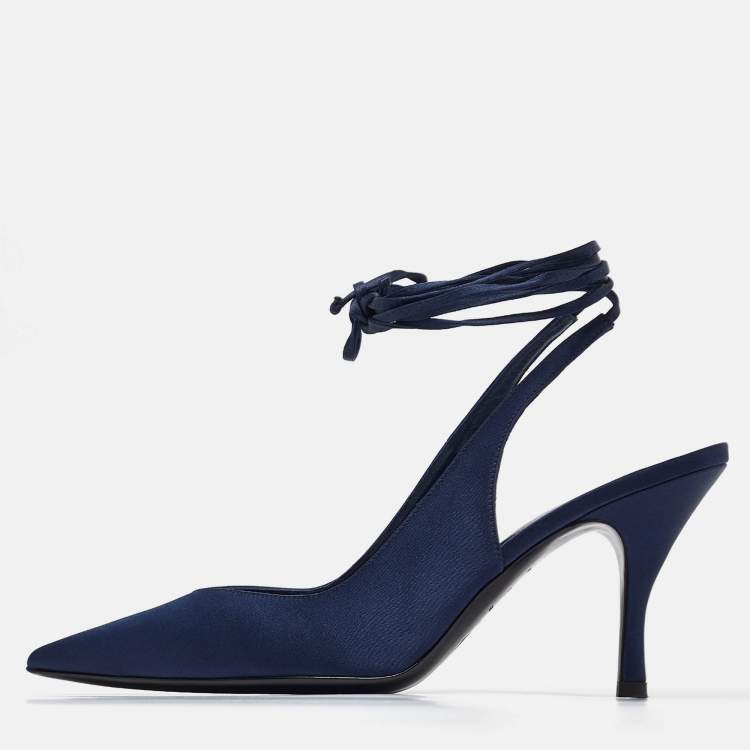 Pre Owned The Attico Navy Blue Satin Venus Ankle Tie Pumps Size 39.5