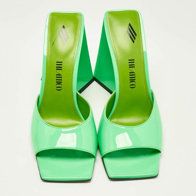 Pre Owned The Attico Neon Green Patent Leather Devon Slide Sandals Size 39