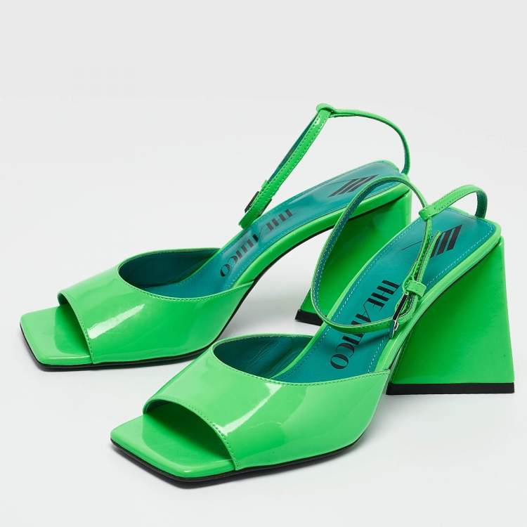 Pre Owned The Attico Green Patent Leather Devon Ankle Strap Sandals Size 38