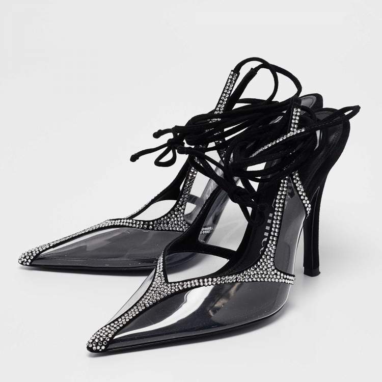 Pre Owned The Attico Transparent PVC and Suede Crystal Embellished Venus Pumps Size 38