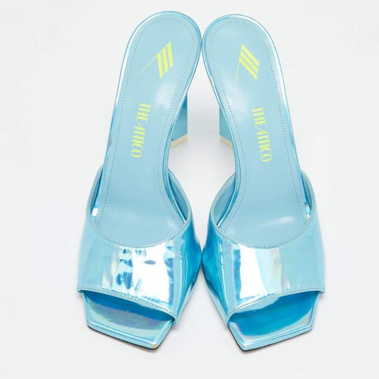 Pre Owned The Attico Blue Patent Leather Devon Slide Sandals Size 39.5
