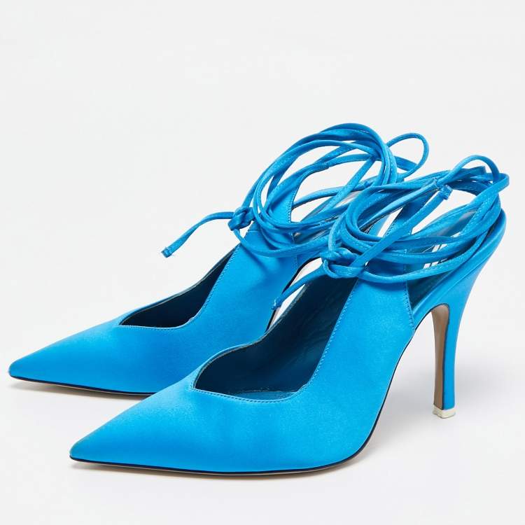 Pre Owned The Attico Blue Satin Pointed Toe Ankle Wrap Pumps Size 37.5 