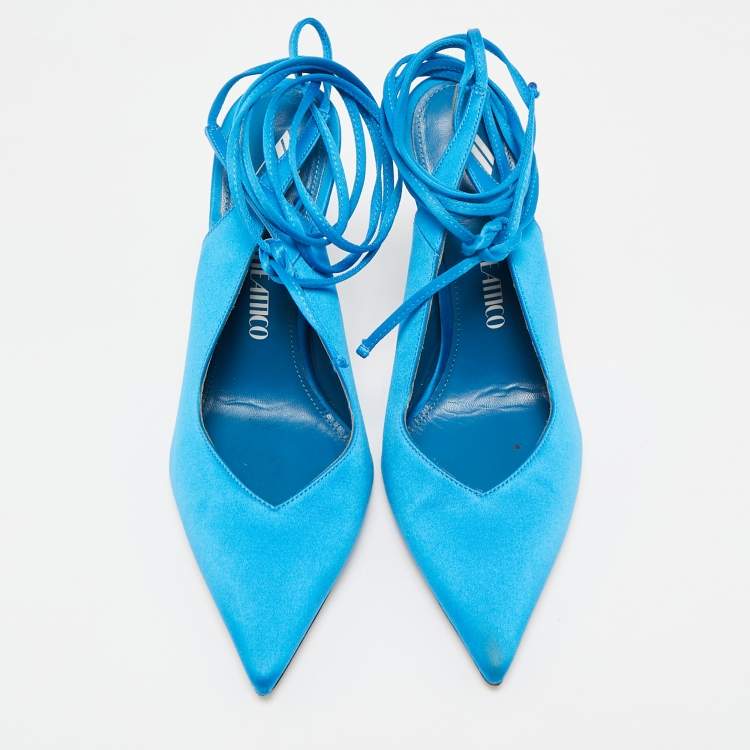 Pre Owned The Attico Blue Satin Pointed Toe Ankle Wrap Pumps Size 37.5 