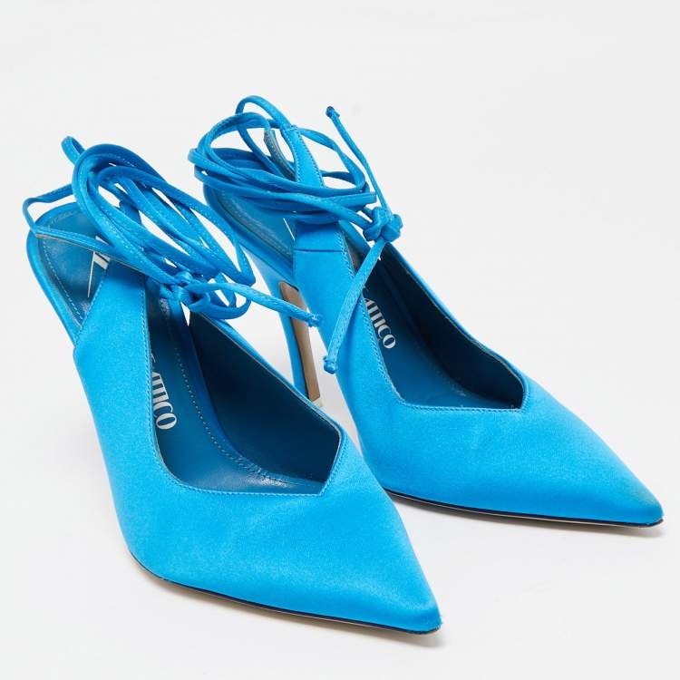 Pre Owned The Attico Blue Satin Pointed Toe Ankle Wrap Pumps Size 37.5 