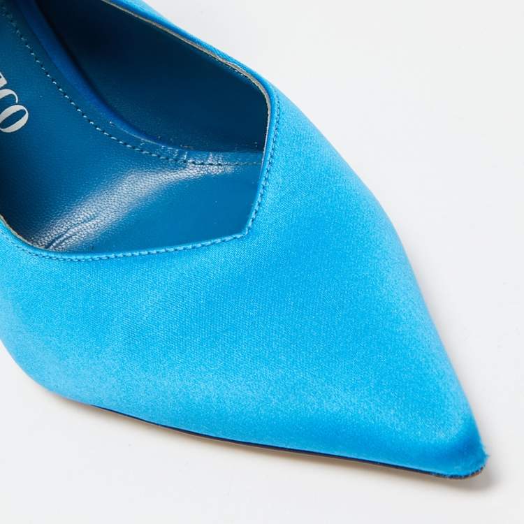 Pre Owned The Attico Blue Satin Pointed Toe Ankle Wrap Pumps Size 37.5 