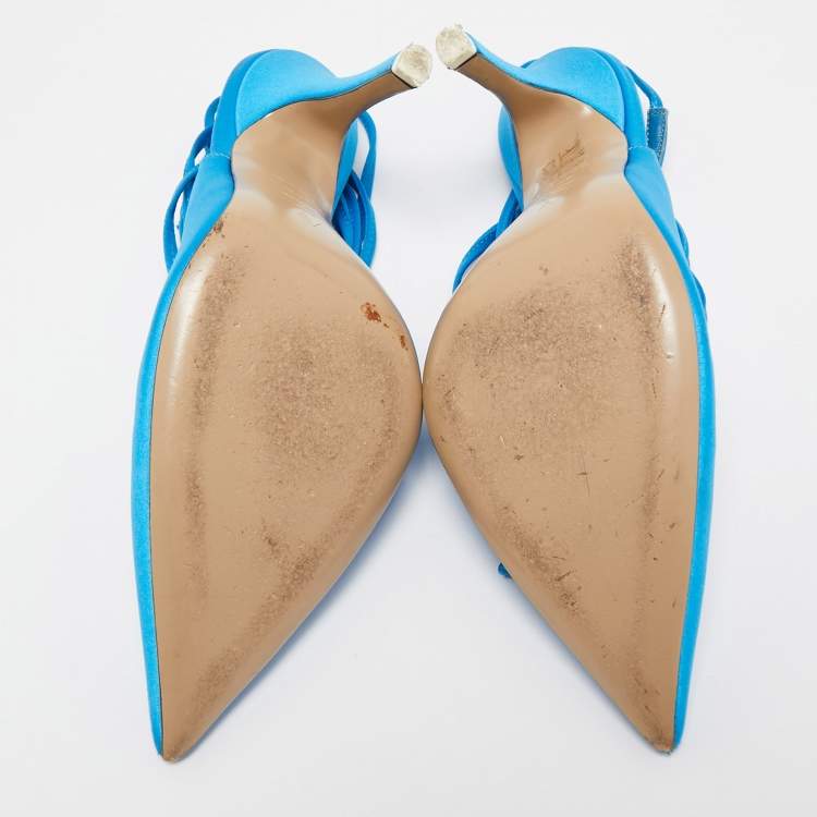 Pre Owned The Attico Blue Satin Pointed Toe Ankle Wrap Pumps Size 37.5 
