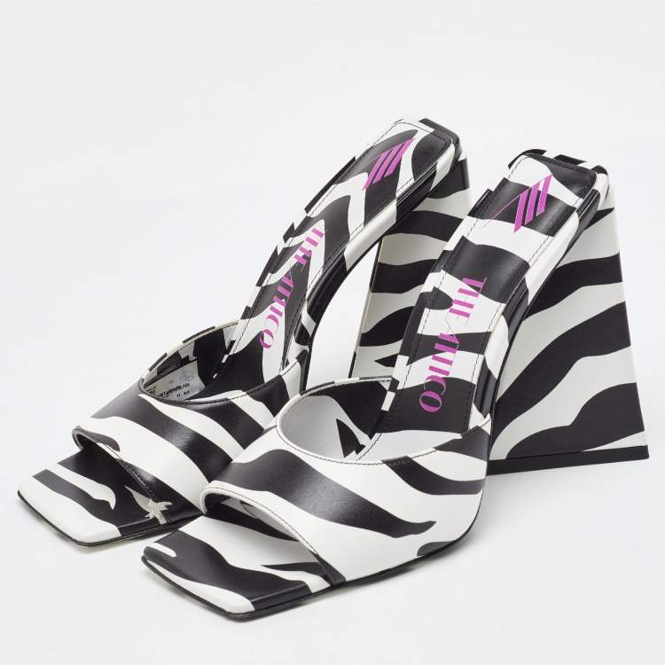 Pre Owned The Attico Black/White Zebra Print Leather Devon Open Toe Sandals Size 39