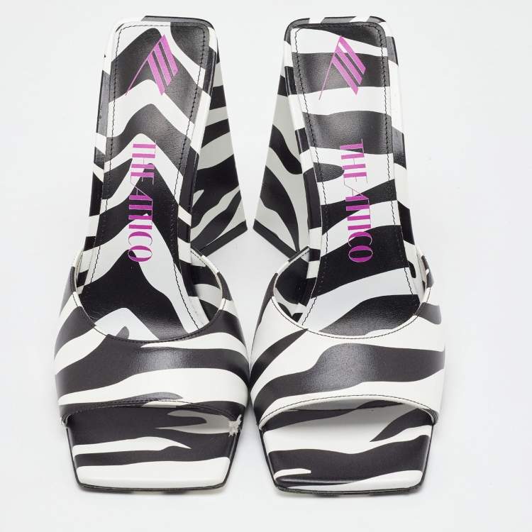 Pre Owned The Attico Black/White Zebra Print Leather Devon Open Toe Sandals Size 39