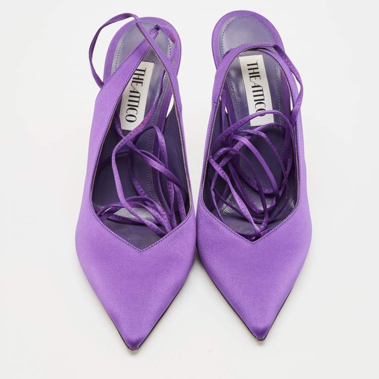 Pre Owned The Attico Purple Satin Venus Pointed Toe Ankle Wrap Pumps Size 38.5