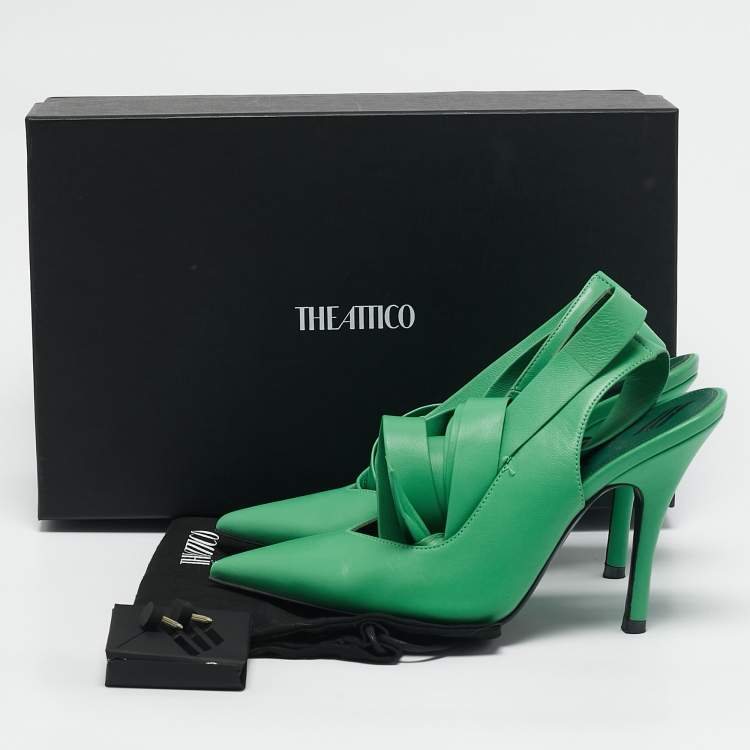 Pre Owned The Attico Green Leather Venus Ankle Wrap Pointed Toe Pumps Size 37