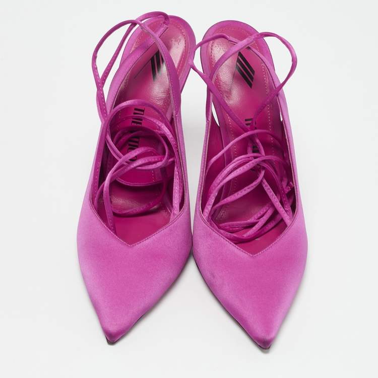 Pre Owned The Attico Fuchsia Satin Venus Pointed Toe Ankle Wrap Pumps Size 38.5