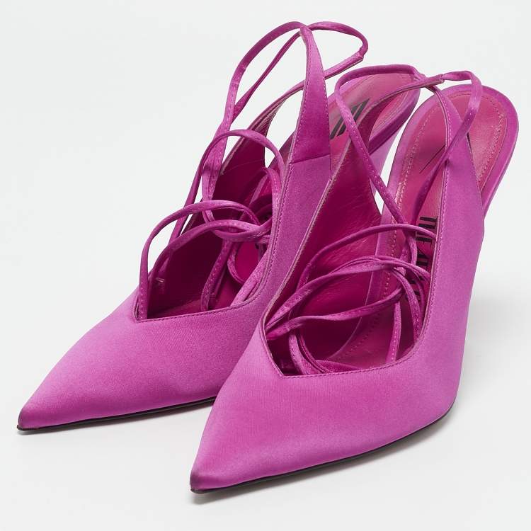 Pre Owned The Attico Fuchsia Satin Venus Pointed Toe Ankle Wrap Pumps Size 38.5