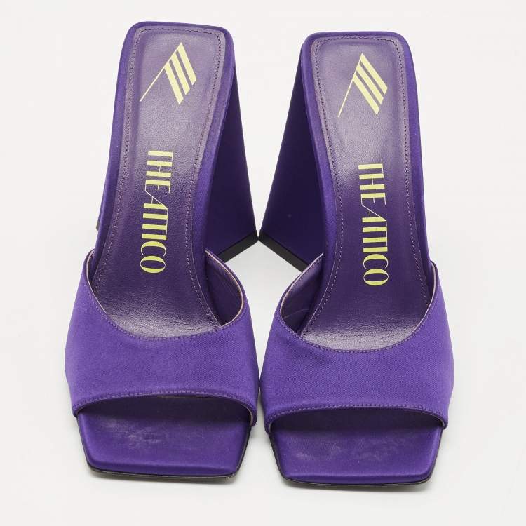 Pre Owned The Attico Purple Satin Devon Block Heel Slide Sandals Size 37