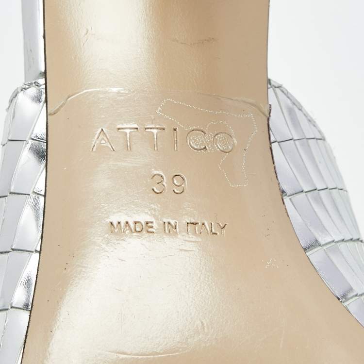 Pre Owned The Attico Silver Laminated Leather Monica Mules Size 39