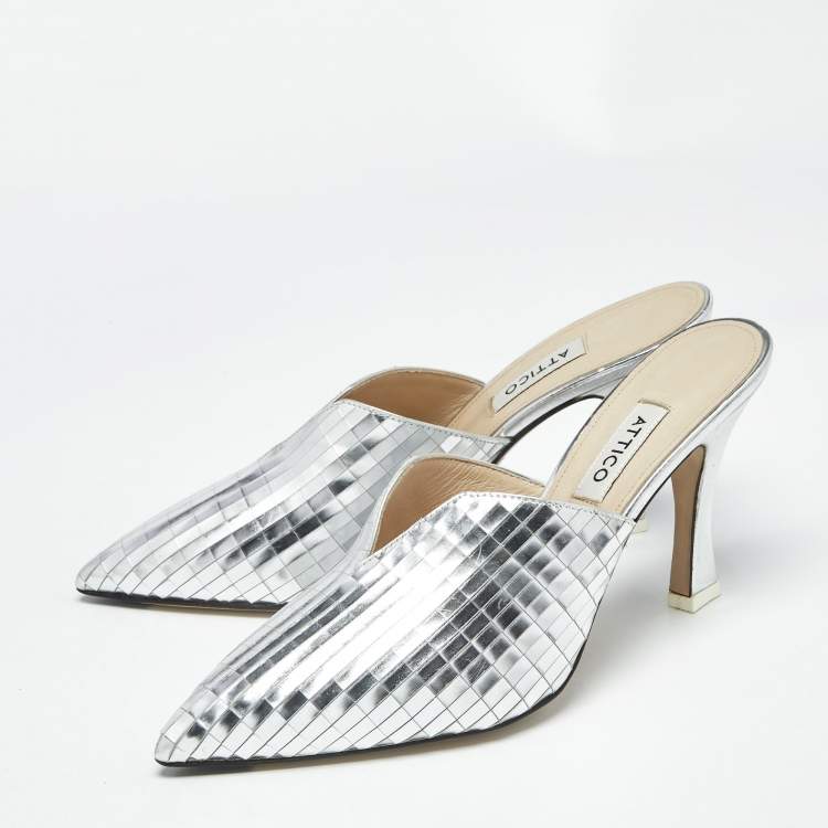 Pre Owned The Attico Silver Laminated Leather Monica Mules Size 39
