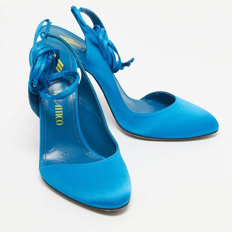 Pre Owned The Attico Blue Satin Venus Ankle Wrap Pointed Toe Pumps Size 39