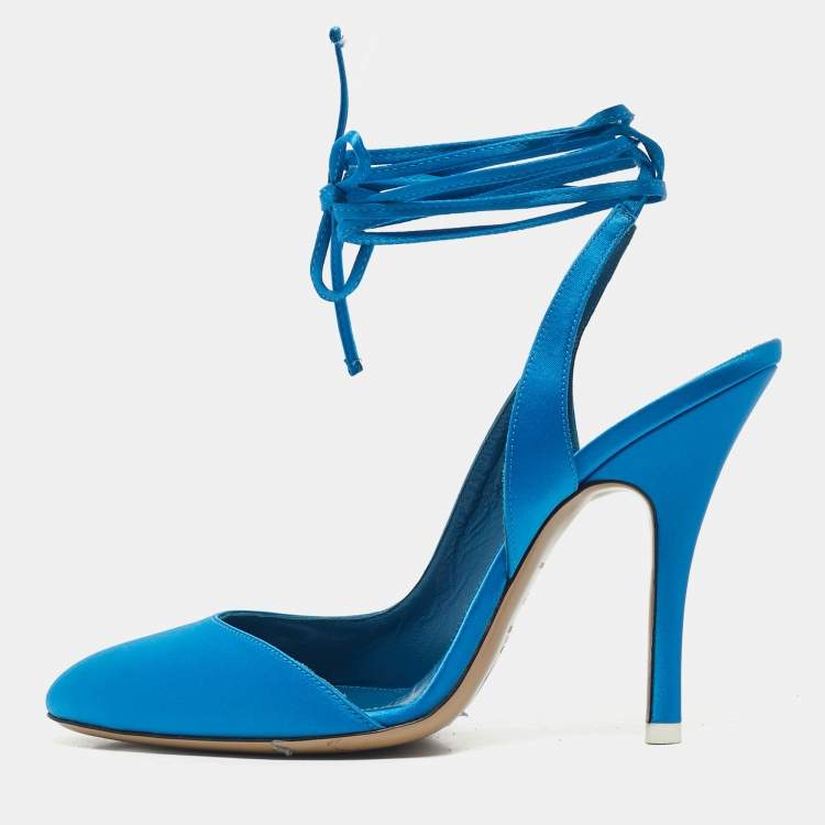 Pre Owned The Attico Blue Satin Venus Ankle Wrap Pointed Toe Pumps Size 39