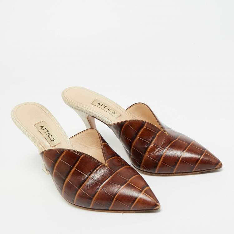 Pre Owned The Attico Brown/Cream Croc Embossed Leather Chloe Mules Size 38