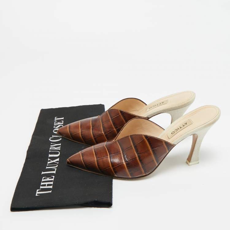 Pre Owned The Attico Brown/Cream Croc Embossed Leather Chloe Mules Size 38