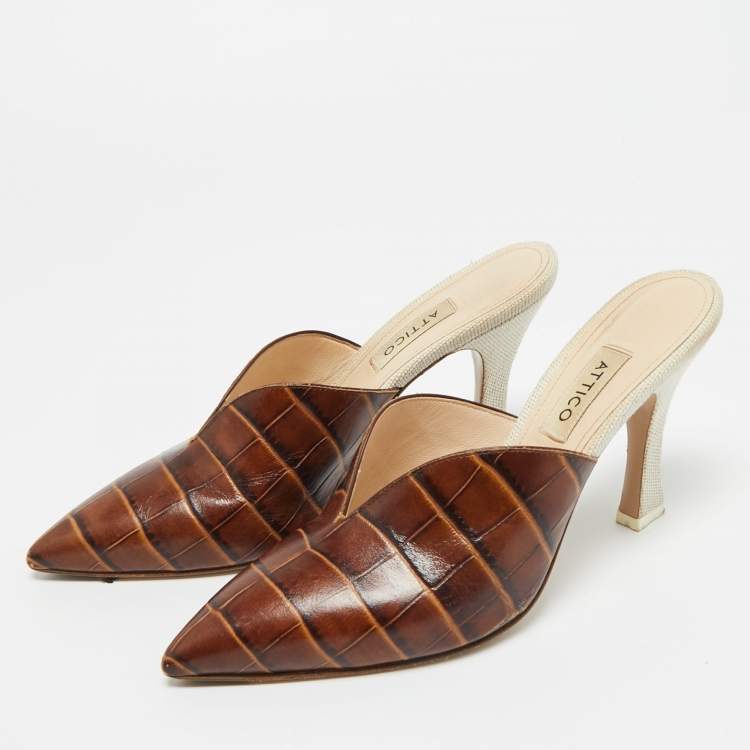 Pre Owned The Attico Brown/Cream Croc Embossed Leather Chloe Mules Size 38