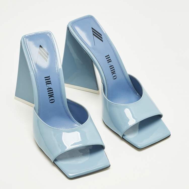 Pre Owned The Attico Blue Patent Devon Block Heel Slide Sandals Size 38