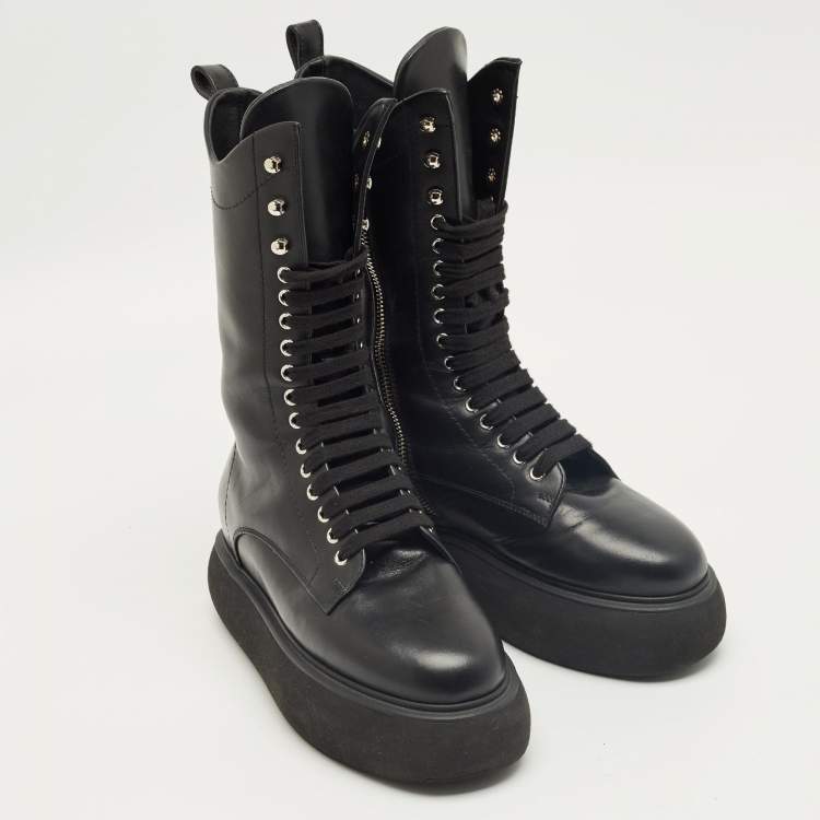 Pre Owned The Attico Black Leather Selene Mid Calf Boots Size 37.5