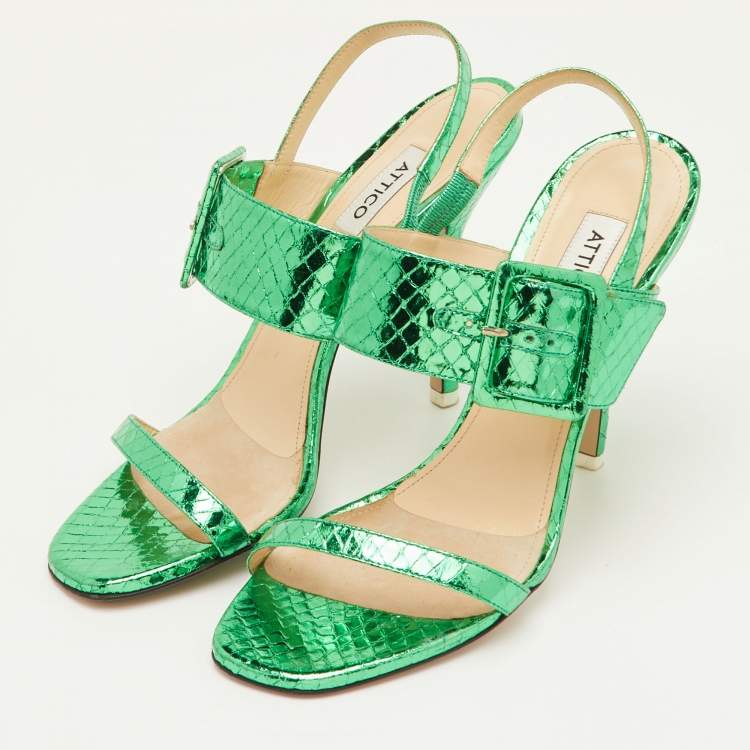 Pre Owned The Attico Mariah Size 40 Metallic Green Python Embossed Leather Ankle Strap Sandals